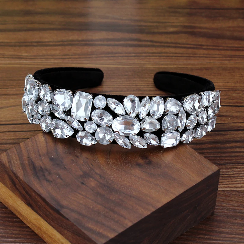 Модная повязка на голову Стразы с прозрачными кристаллами широкая бархатная