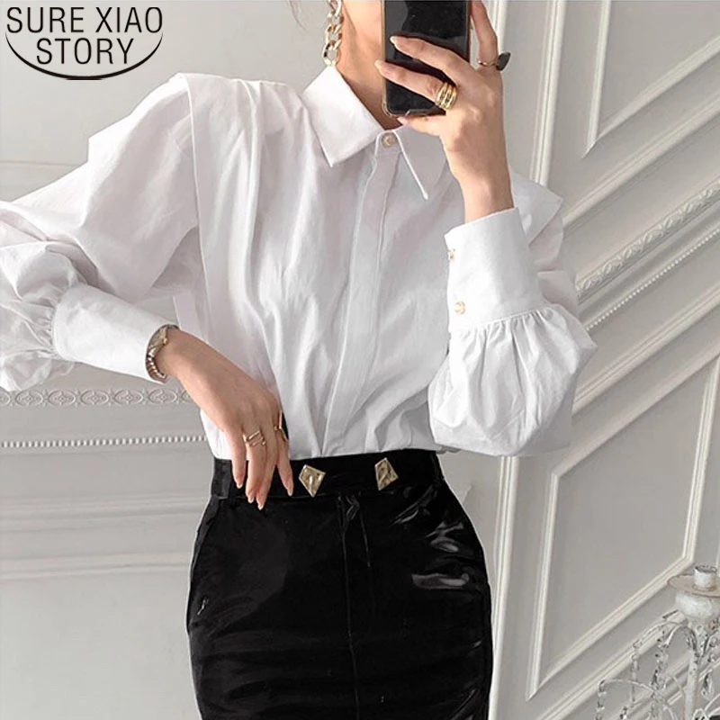 

Vintage Minimalist Loose White Shirts for Women 2021 Spring autumn Blouses Chic Turn-down Collar Solid Female Shirts Tops 12872