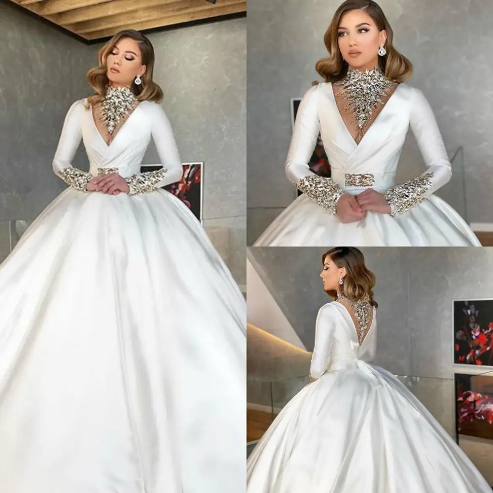 

2020 Crystals Wedding Dresses vestidos de novia Long Sleeves Satin Ball Gown Vintage Wedding Dress Luxury robes de mariée