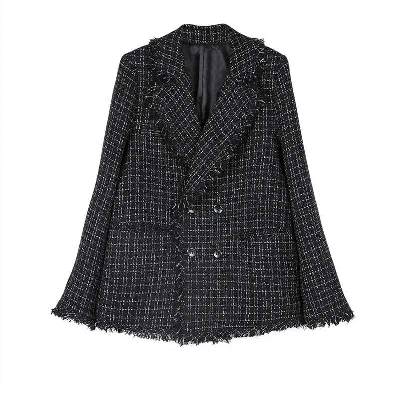 New Style Elegant Tassled Plaid Black Small Suit Jacket Women's Short Graceful Coat | Женская одежда