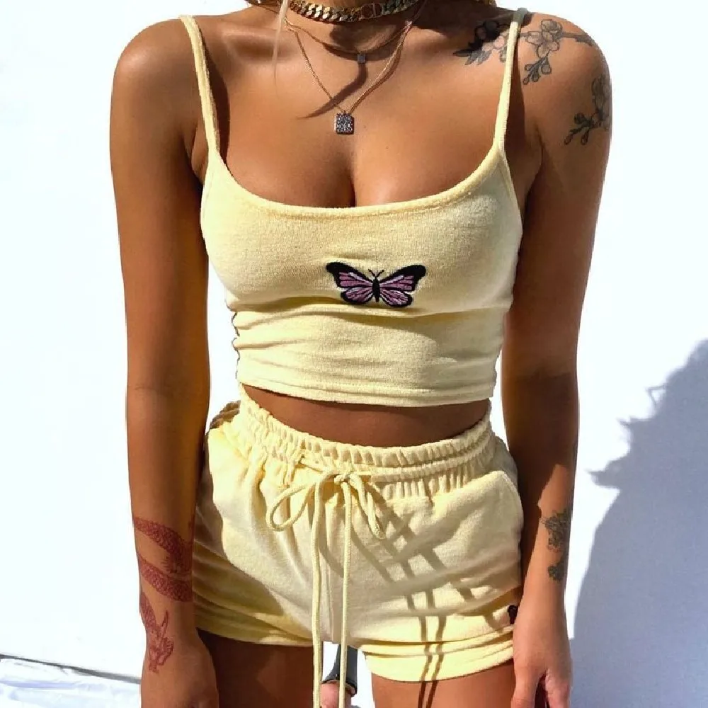 

DAILOU Yellow Velvet Crop Top and Shorts Women 2 Pieces Set Summer Embroidery Drawstring Shorts Female Loungewear Suit 2021 New