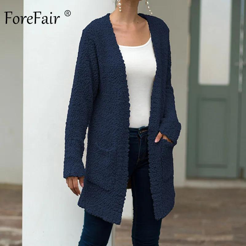 Forefair попкорн Повседневный длинный кардиган женское осеннее пальто Модный женский тонкий черный хаки белый однотонный вязаный кардиган - Цвет: Navy Blue Sweater