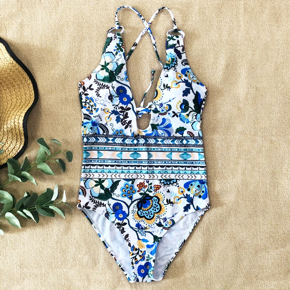 Женский слитный купальник с цветочным принтом сексуальный глубоким v образным