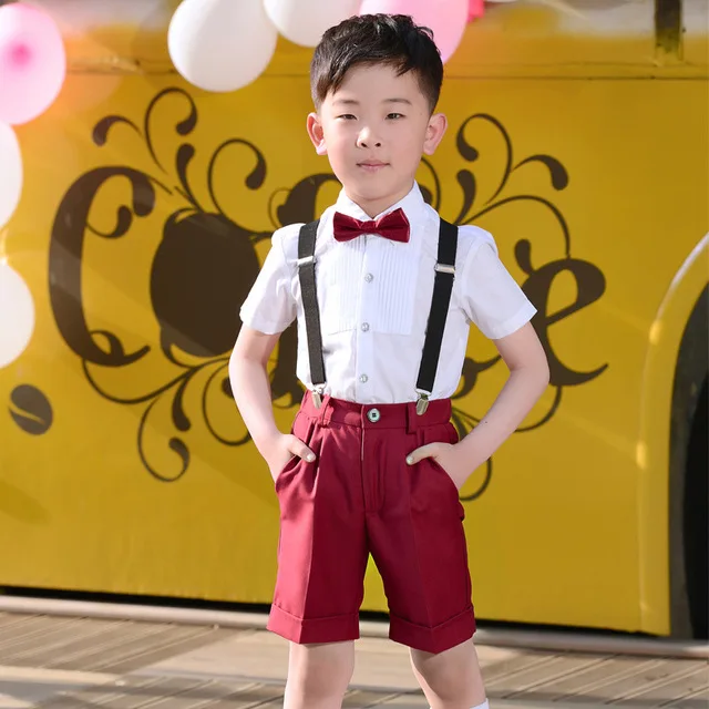 Summer Kids Boys Shorts Clothing Set Children Formal Clothes Wedding prom Suits 4pcs(Shirt+Shorts+Belt+tie) Quality |