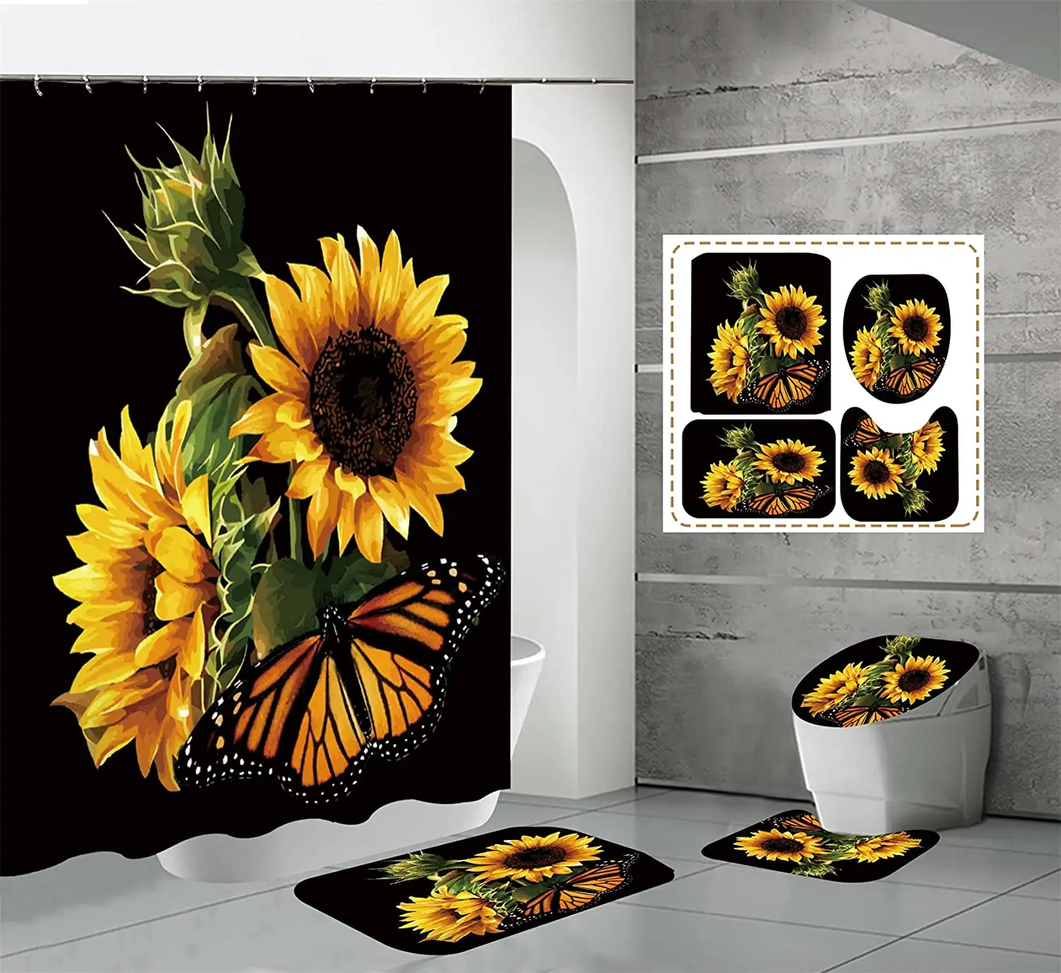 

Sunflower Shower Curtain Sets with Rugs Set Butterfly Bathroom Decor Set Waterproof Shower Curtain Rugs Toilet Rugs Bath Mats