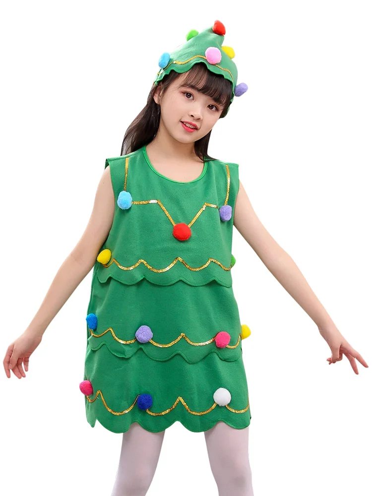 Christmas Tree Design With Colorful Balls Costume Cosplay Girl Kids Party Children Carnival Dress XMAS Gift |