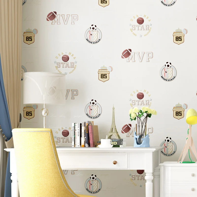 

American children's room wallpaper 3d embossed baseball football sports basketball football boys room bedroom blue and white