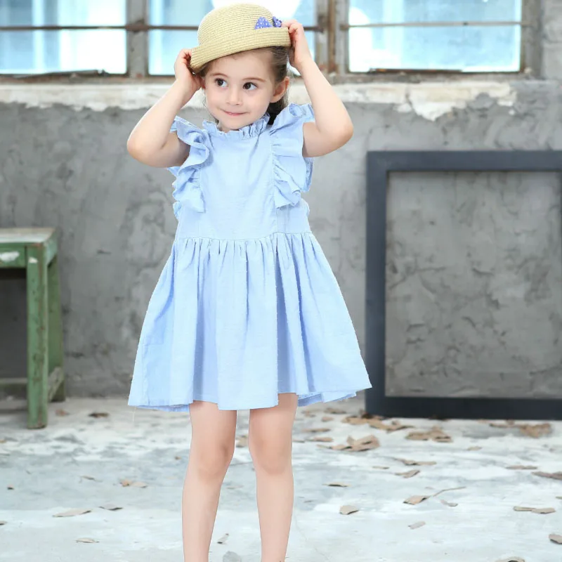 

1-7 year old girls summer pure cotton dress flower edge collar solid color all-match casual princess dresses quality childr wear