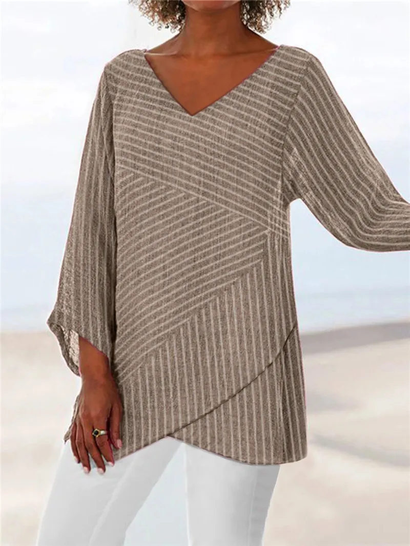 

hirigin new casual Womens Striped V Neck Tops fashion female Loose Blouses Tunic ladies Summer long sleeve Shirts Plus Size