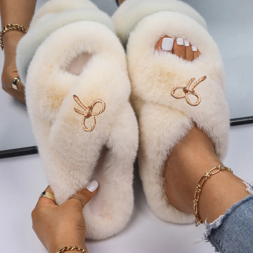Fluffy Slippers Female Rope Bow Decor Faux Fur Slides Flip Flops Designer Fluffy Sandals Indoor Slippers Luxury Winter Shoes