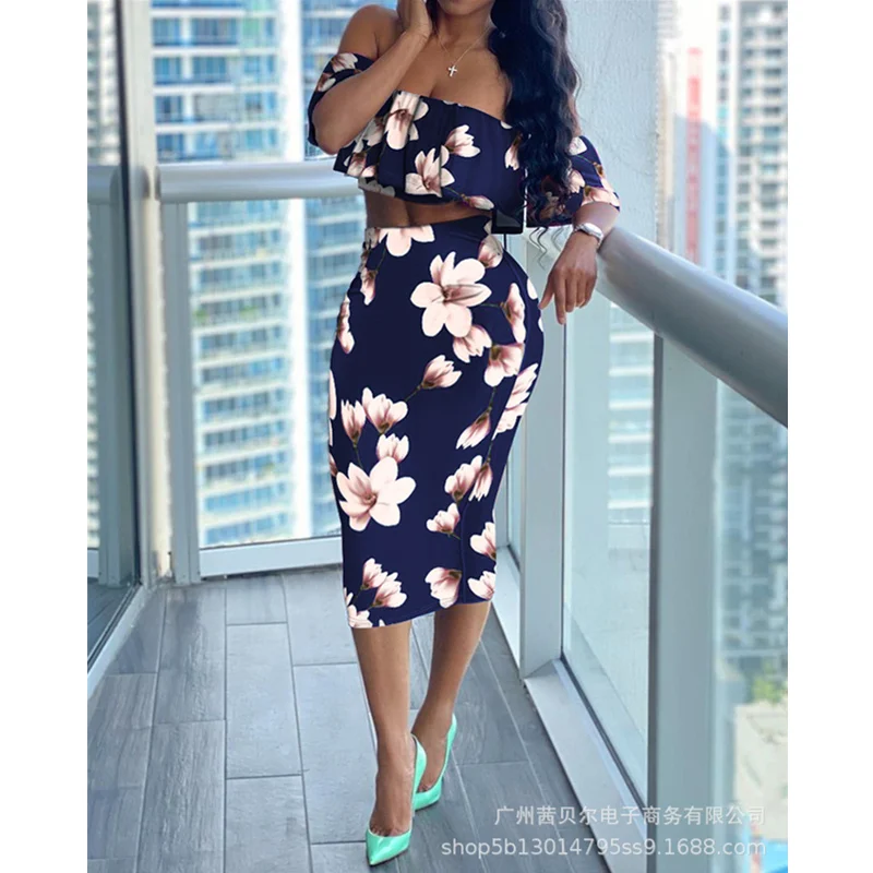 

WEPBEL Women's Elegant Skirt Set Outfits Ladies Floral Print Off Shoulder Crop Top + High Waist Bodycon Skirt Two Piece Set