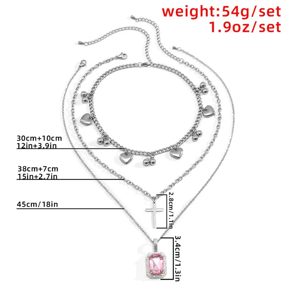 

Lacteo Exaggerated Pink Color Rhinestone Cross Heart Pendant Necklace Neo Gothic Stainless Steel Multilayer Chain Choker Necklac