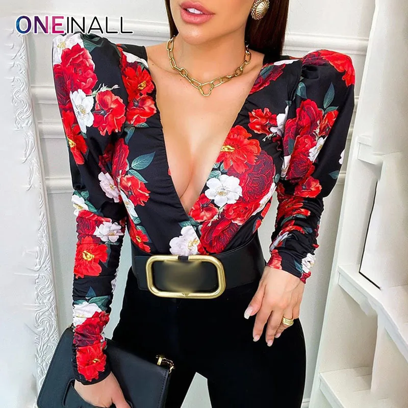 

ONEINALL Sexy Print Bodysuit For Women V Neck Puff Long Sleeve Hit Color High Waist Jumpsuit Female New 2021 Spring Fashionable