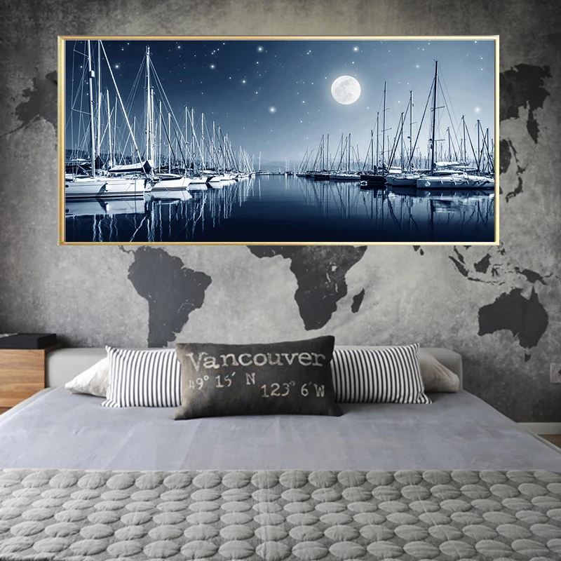 Абстрактная Скандинавская морской катер задний фон луна ночь пейзаж синего и