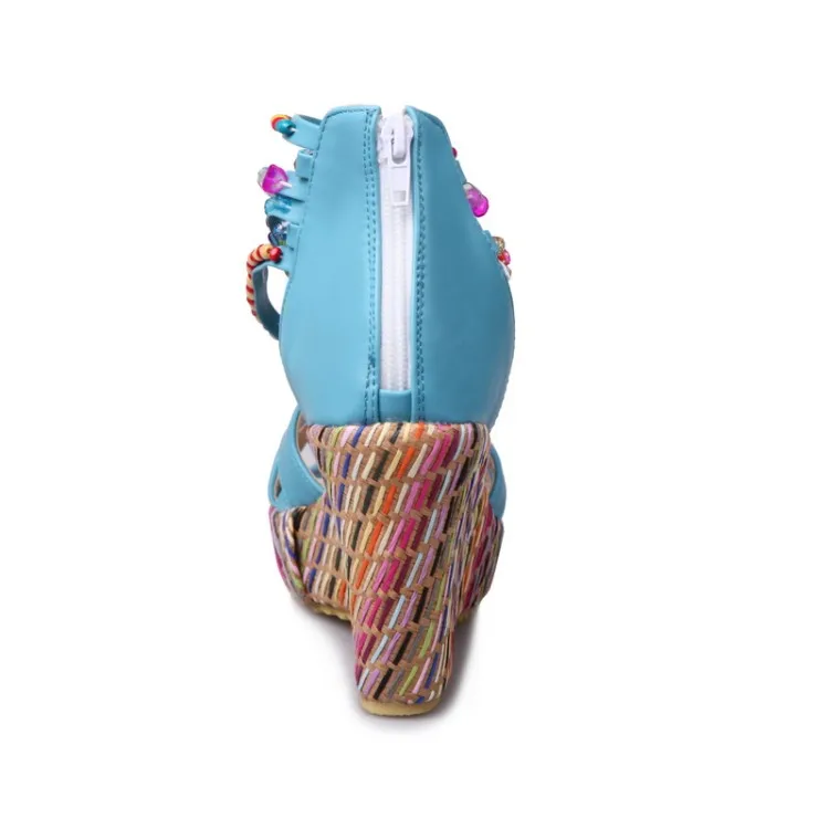 Сандалии женские на танкетке босоножки с цветными бусинами открытым носом и