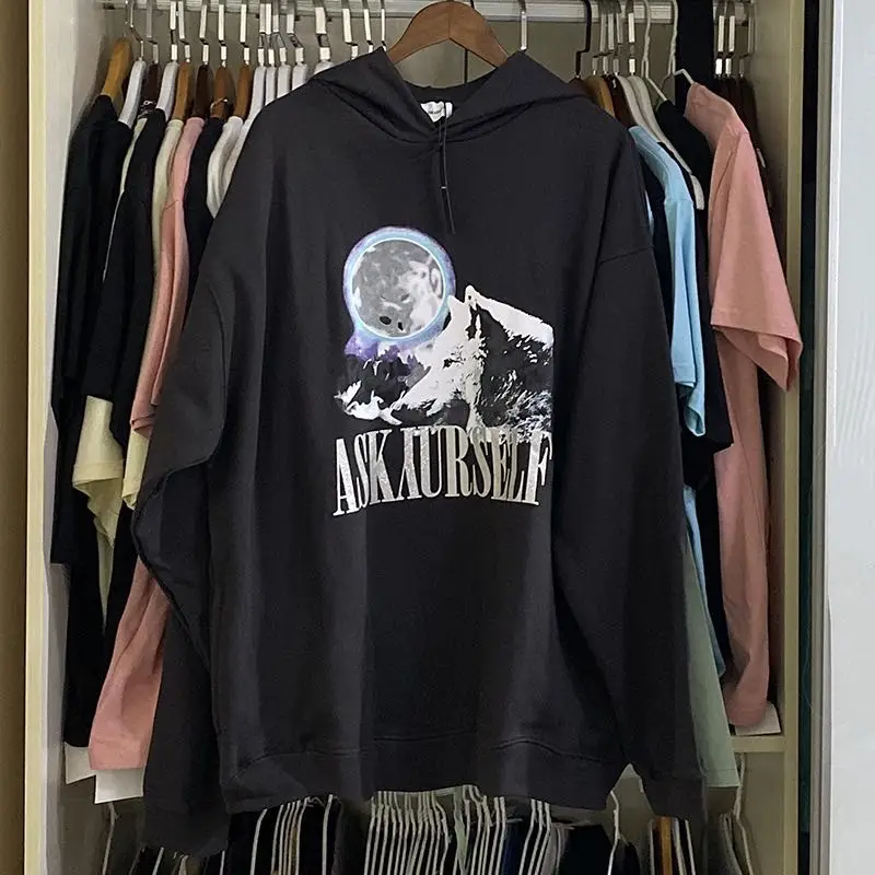 

ASKYURSELF Vintage Hoodie Women Men Snow wolf Logo Print Sweatshirt Hoodies High Street Fleece Tops Pullovers