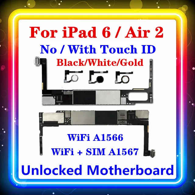Материнская плата для IPad Air 2 Factory Clean NO/С Touch ID WiFi(A1566) SIM(A1567) оригинальная замена