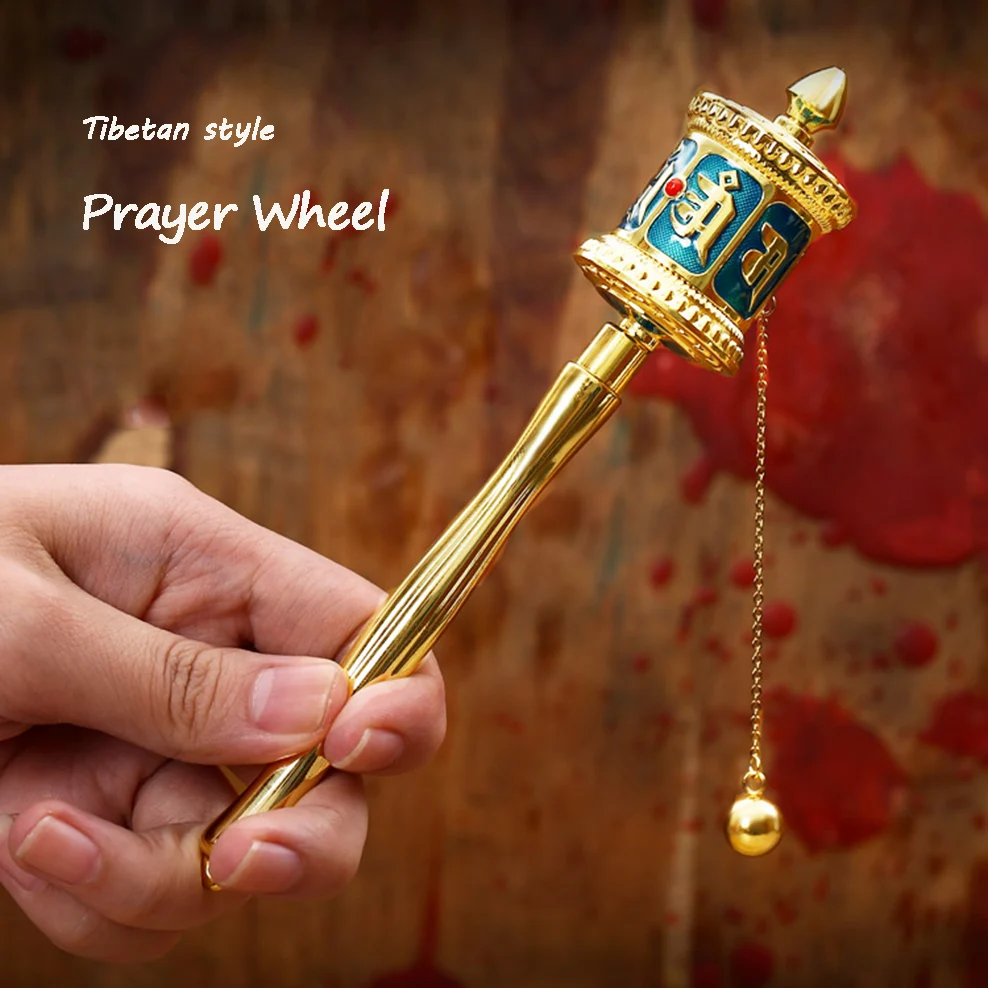 

Tibetan Style Prayer Wheel Mini Hand-Cranked Prayer Wheel Six-Character Mantra Painted Alloy Prayer Tube Buddha Tools