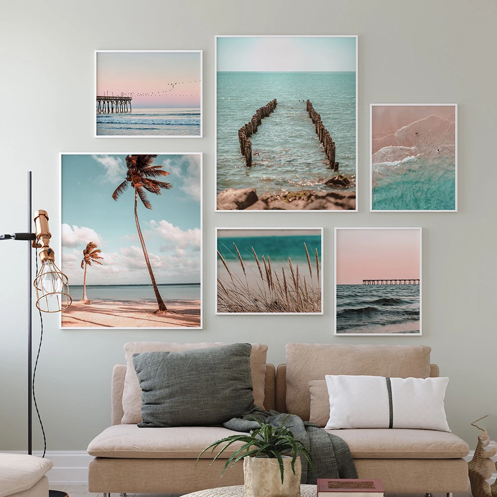 

Scandinavian Pink and Blue Seascape Canvas Painting Nordic Beach Palm Tree Bridge Wall Art Poster and Print Picture Home Decor