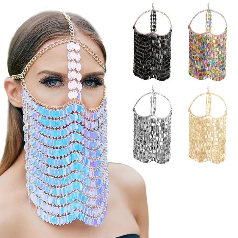 

Women Egyptian Belly Dance Jewelry Half Face Mask Glitter Metallic Sequins Tassels Coin Veil Masquerade Party Head Chain