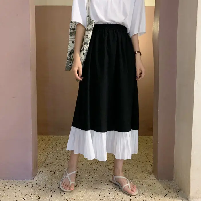 

2020 New High Waist Chiffon A-line skirt mid length skirt women's summer stitching loose show thin versatile trend