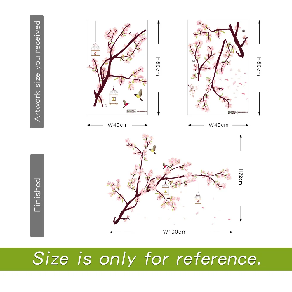 2 шт. большой размер наклейки на стену с изображением птиц цветов домашний декор
