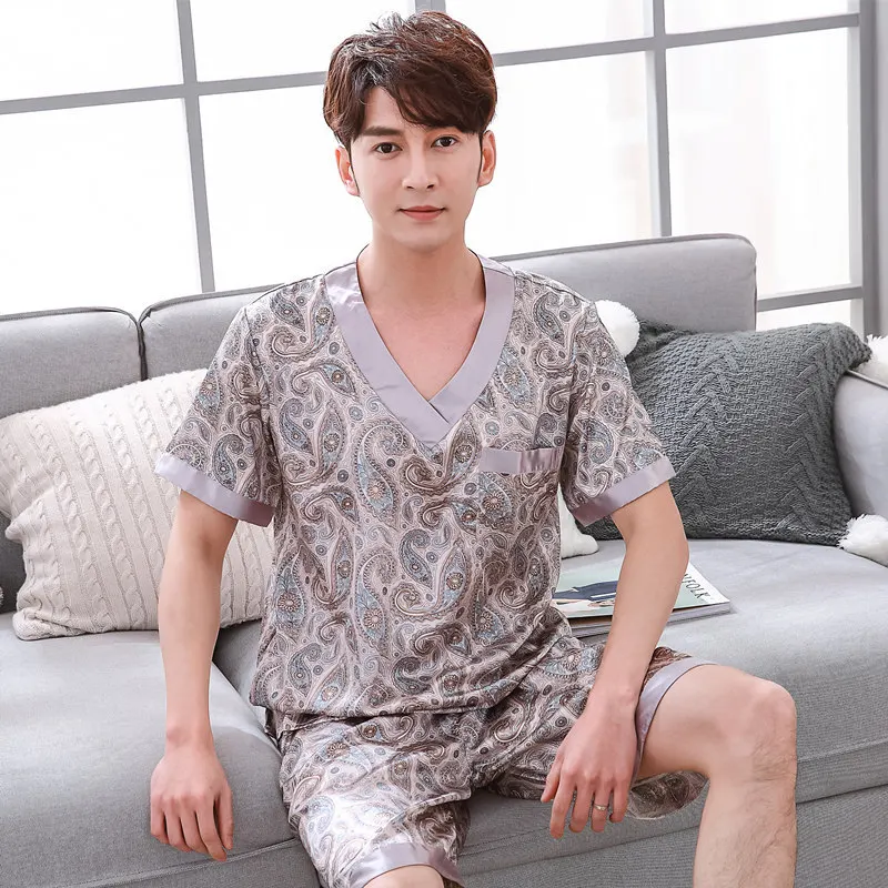 Men's ice silk pajamas set high quality casual printing fashion thin breathable V-neck short-sleeved shorts home service 2021