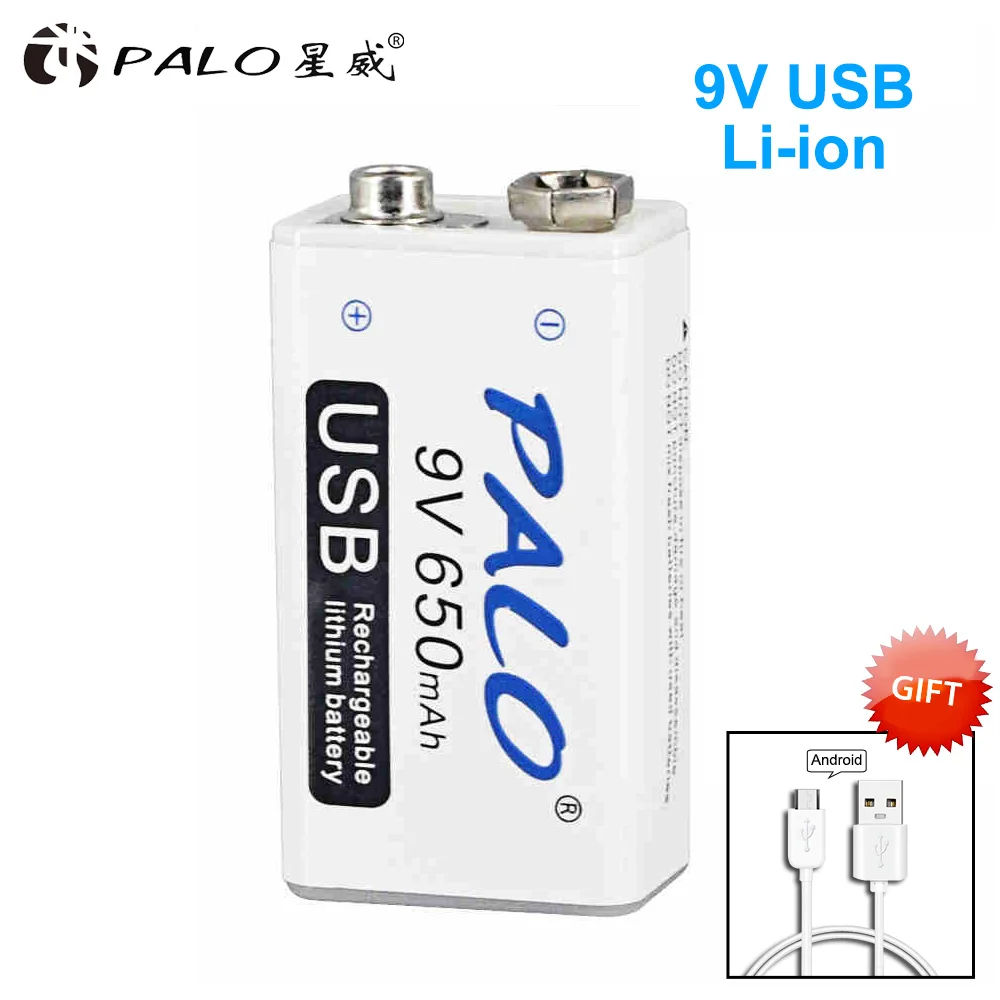 1 pcs PALO 9V USB литиевая батарея 650mAh 6F22 6LR61 литий-ионная аккумуляторная батарея для игрушек массажеры мультиметры гитара с USB кабелем - Цвет: 1 pcs