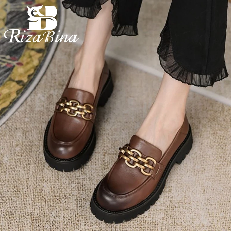 

RIZABINA New Designer Women Pumps Real Leather Slip Women'S Spring Hoes Square Toe Casual Female Footwear Size 34-39