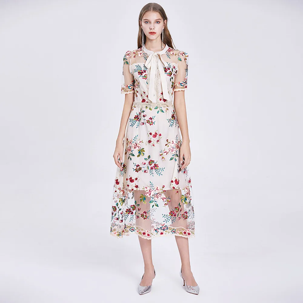 

2022 Новое модное дизайнерское подиумное платье новое летнее женское платье с бантом и воротником с коротким рукавом с цветочным принтом и вы...