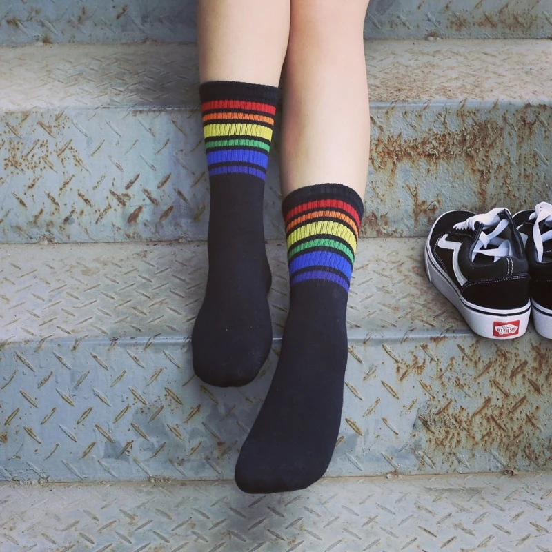 

Harajuku Rainbow Striped Stockings Cool Skateborad Long Socks Ankle Socks Female
