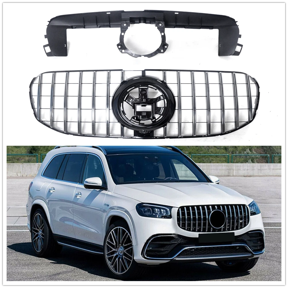 

Передняя решетка для Mercedes Benz X167 GLS 2020-2021, решетка для радиатора в стиле GT, серебристый верхний бампер для автомобиля, держатель, решетка для к...