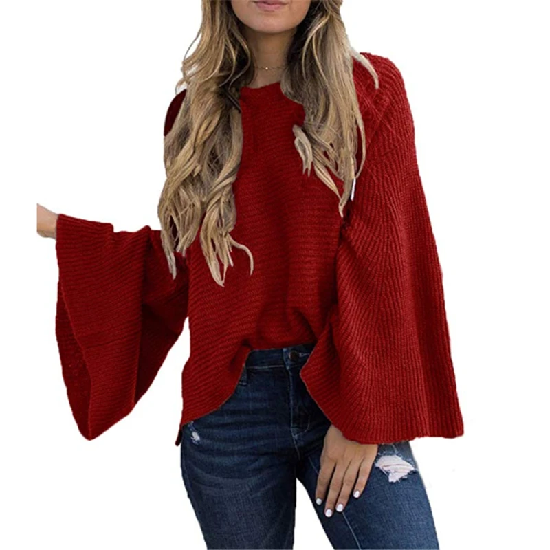 Women Solid Flare Sleeve Knitted Sweater Top 2020 Autumn Winter Fashion Female Pullover Sweaters Ladies Loose Casual Knitwear | Женская