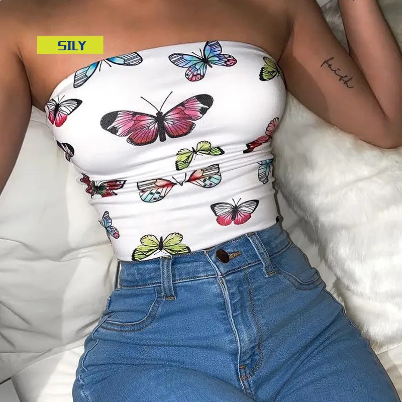 

Butterfly Print Sexy Strapless Off Shoulder Tube Tops Clubwear Fashion 2020 New Summer Women Slim Crop Tops Female Streetwear