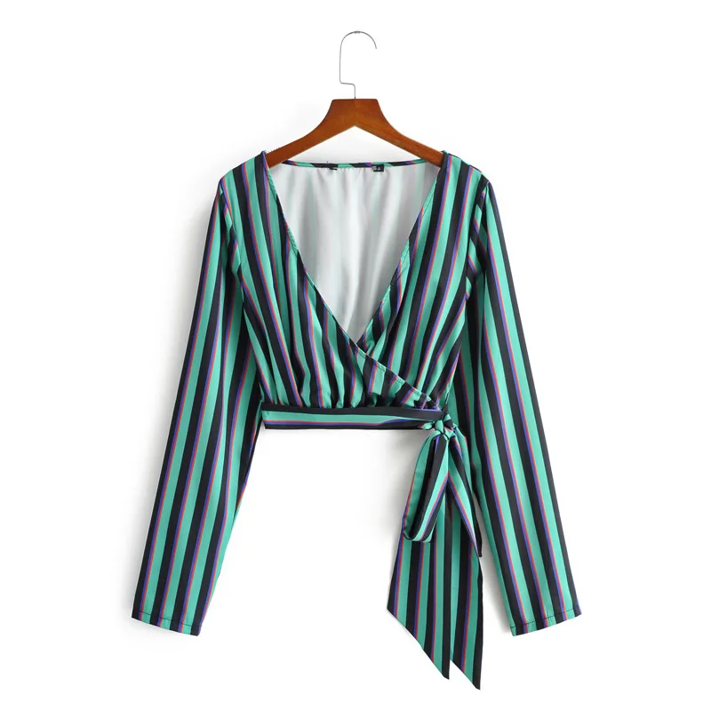 

Spring/summer 2021 New Women's V-neck, Crossover, Striped, Long Sleeve, Short Shirt