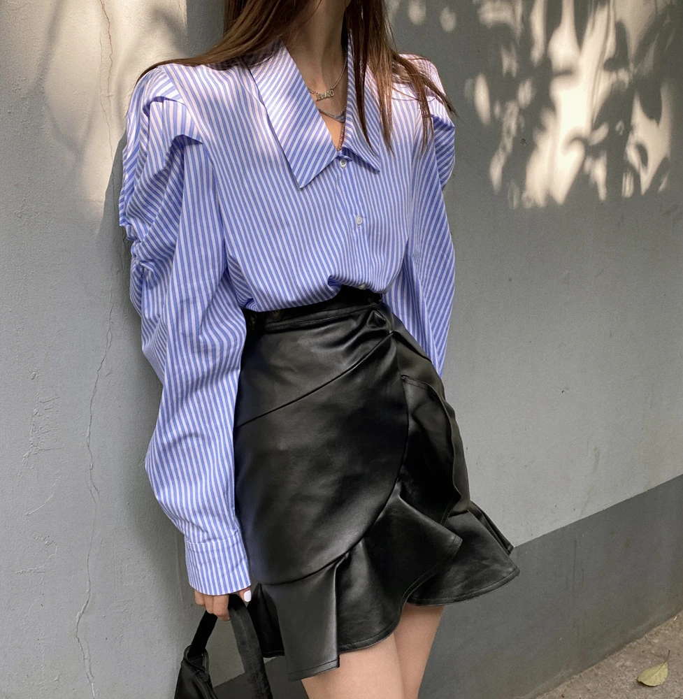 

Женская блузка с пышными рукавами, повседневная, свободная, в полоску, большого размера, весна-лето, 2020, WB40