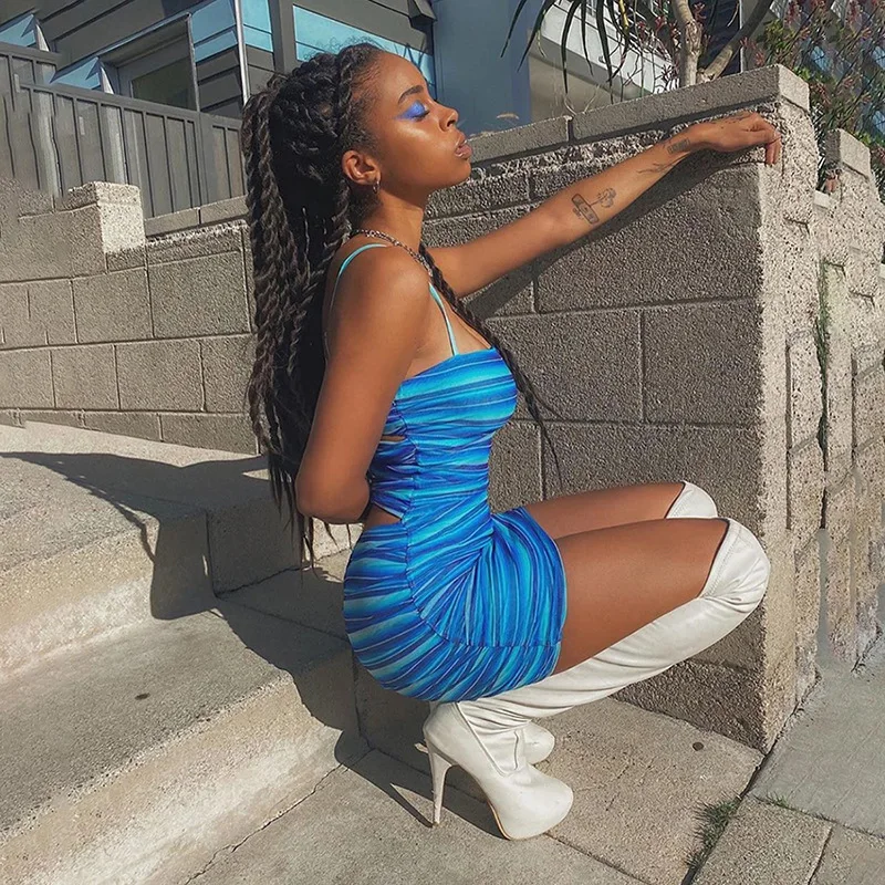 

Woman Summer Dresses Party Street Wear Fashion Pleated Strap Dress Hollow Sleeveless Turtleneck Mini Sexy Dresses