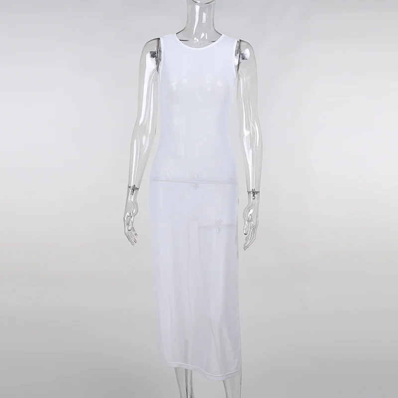 

Quanss Holiday Beach Style Side High Split Sleeveless Mesh See Through Long Dress Women's 2021 Summer Sexy White Maxi Dress