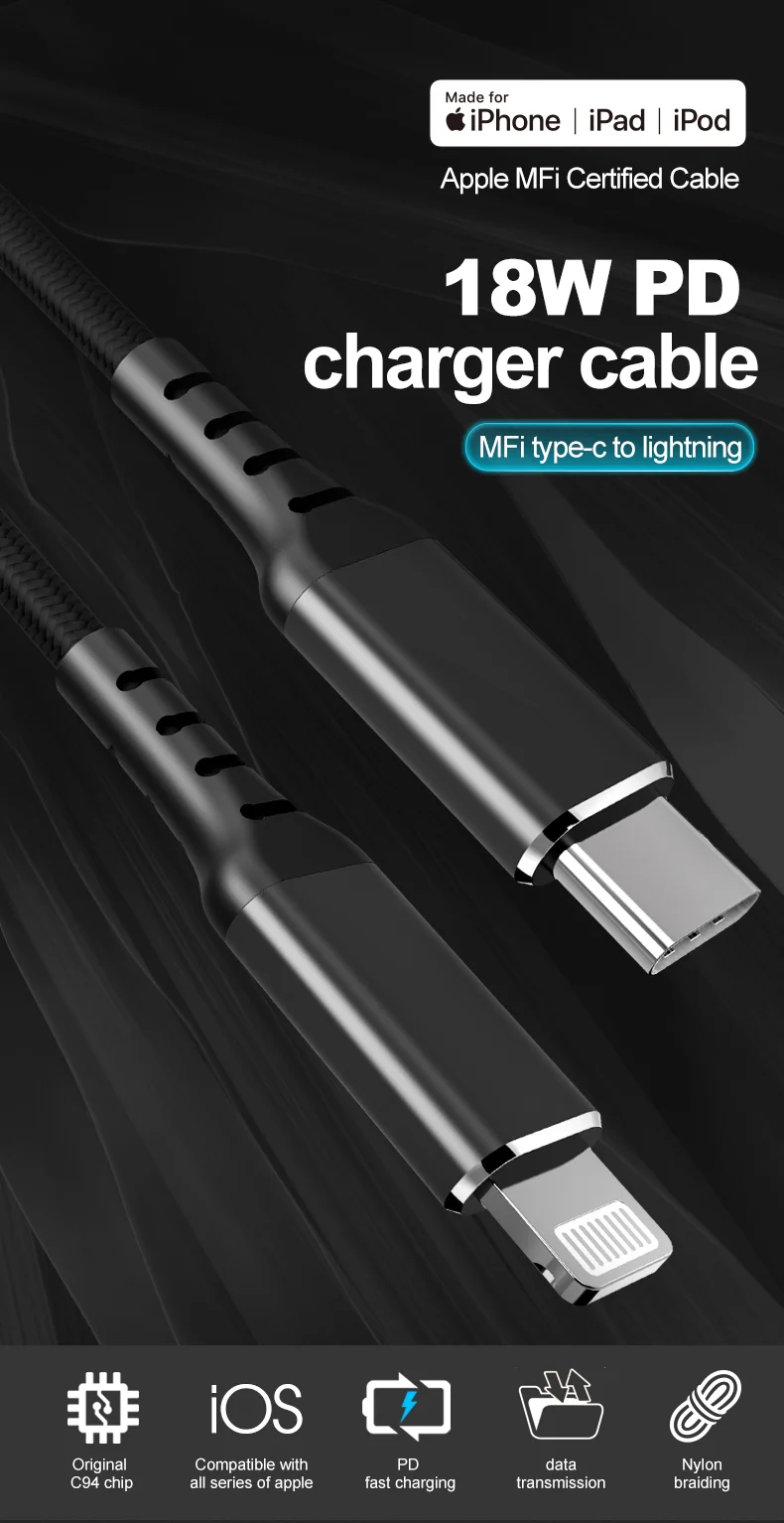 

Оригинальный сертифицированный кабель Apple Chip C94 MFi с разъемом типа C и Lightning PD 18 Вт, 9 В, 3 А, кабель для быстрой зарядки и передачи данных для iPhone,...