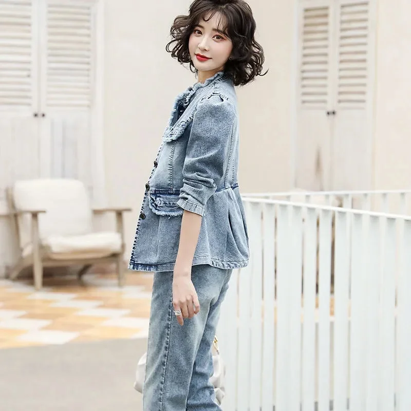High Quality Denim Jacket And Jeans Suit Two Piece Women 2021 Autumn Spring High Quality Short Jacket Split fork Jeans Femme Fas