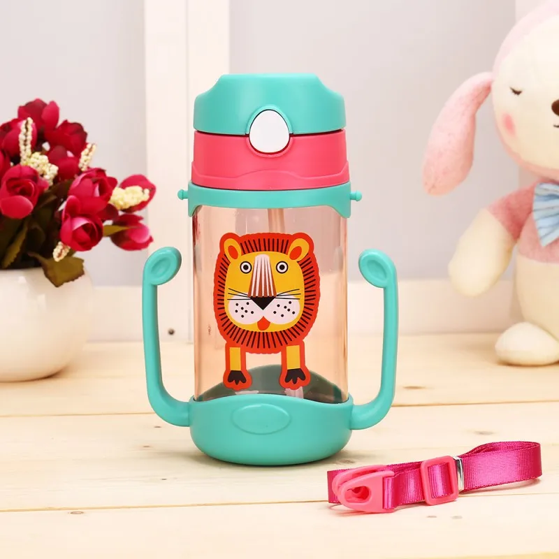 

400ml Baby Learning Drinking Water Bottles Feeding Sippy Cups With Handles and Strap Newborns Kids Cute Cartoon Leakproof Cup