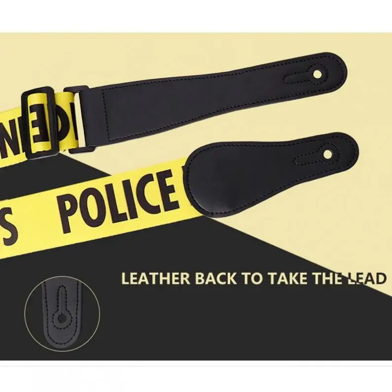 einstellbare gelb gitarre strap polizei linie worte muster mit echtem leder kopf für akustische elektrische bass gitarre free global shipping