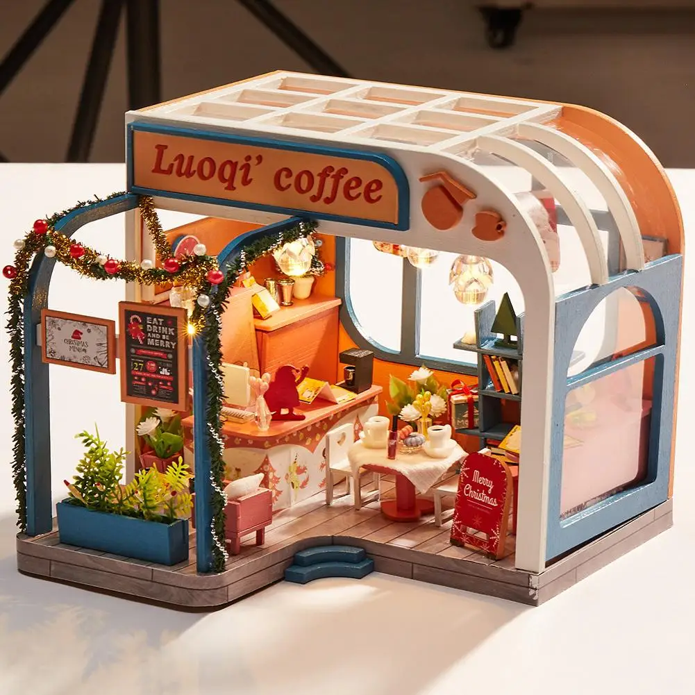 

Miniature DIY Dollhouse Kit Handmade Assembled Villa Model Coffee House For Christmas Birthday Valentine's Day Gift Children Toy