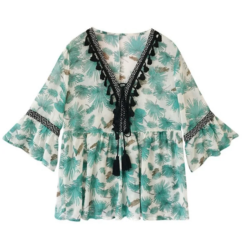 

Female Bohemian Chiffon Blouse Women Fashion Floral Printed Tops Flare Sleeve V Neck Loose Shirts