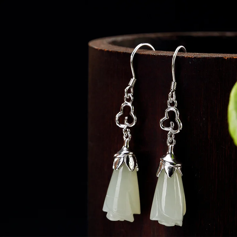 

Natural 925 sterling silver inlaid hetian white jade orchid earrings jewelry simple individuality for women earings