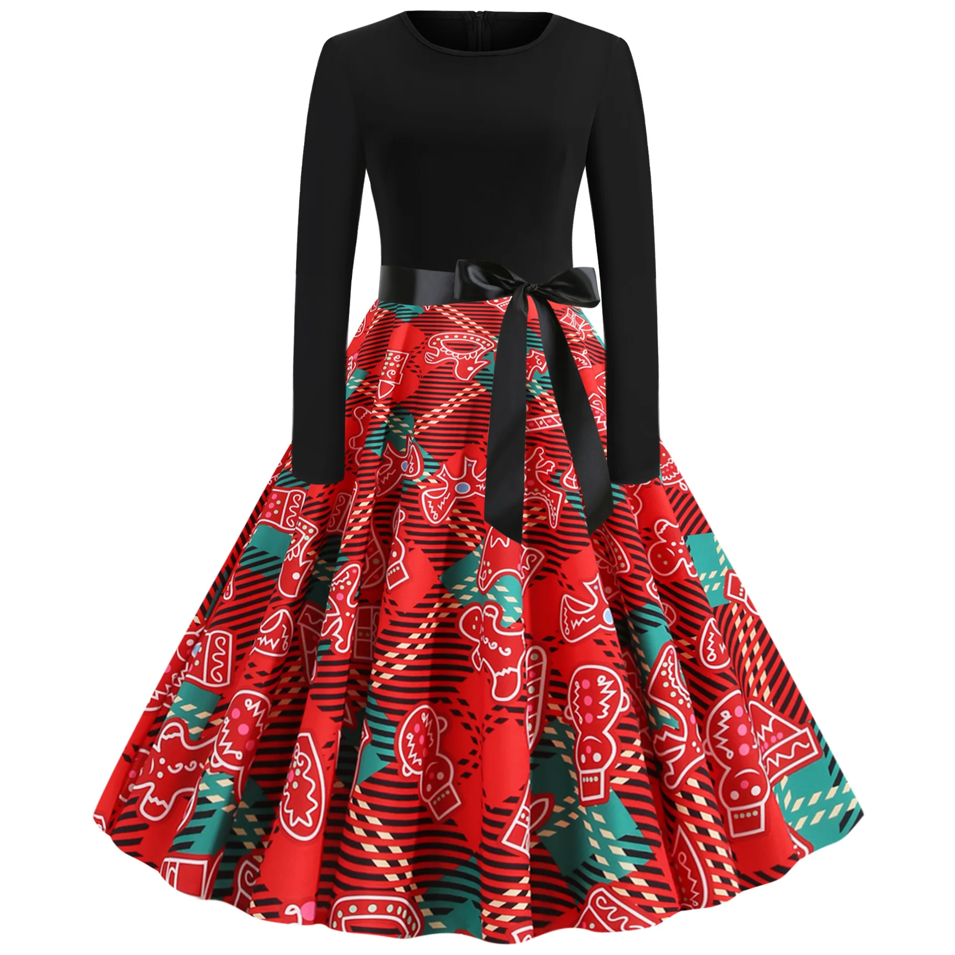 

New Christmas Dress Print Stitching Long-sleeved Big Swing Dress To Send Ribbon Dress Female Christmas Costume