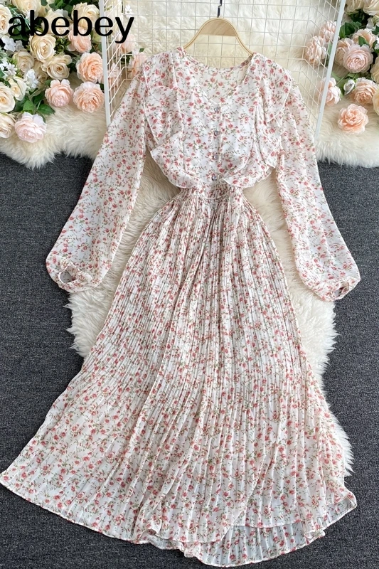 

V Neck long puff sleeve Pleated Femme Long Dresses Floral Printed A Line Sexy Vacation Dress Vestido Splice Robe