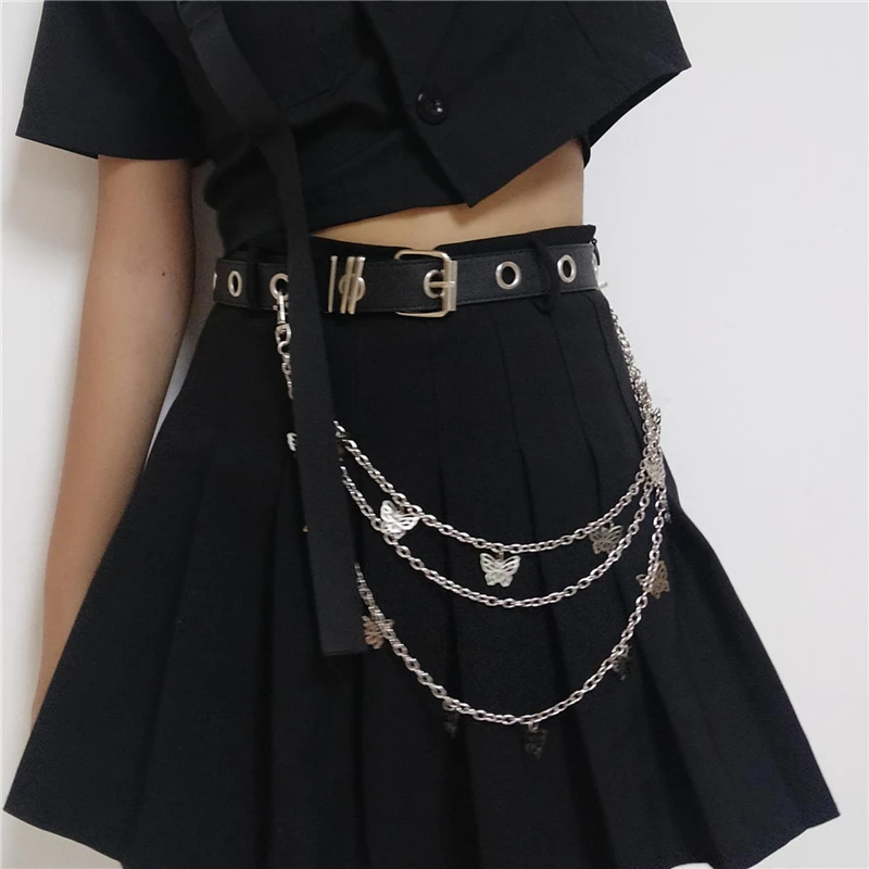 

Women Chain Belt New Puck Eyelet Belts For Women Butterfly Fashion Hip Hop Black Waistband Punk Accessories JK Skirt