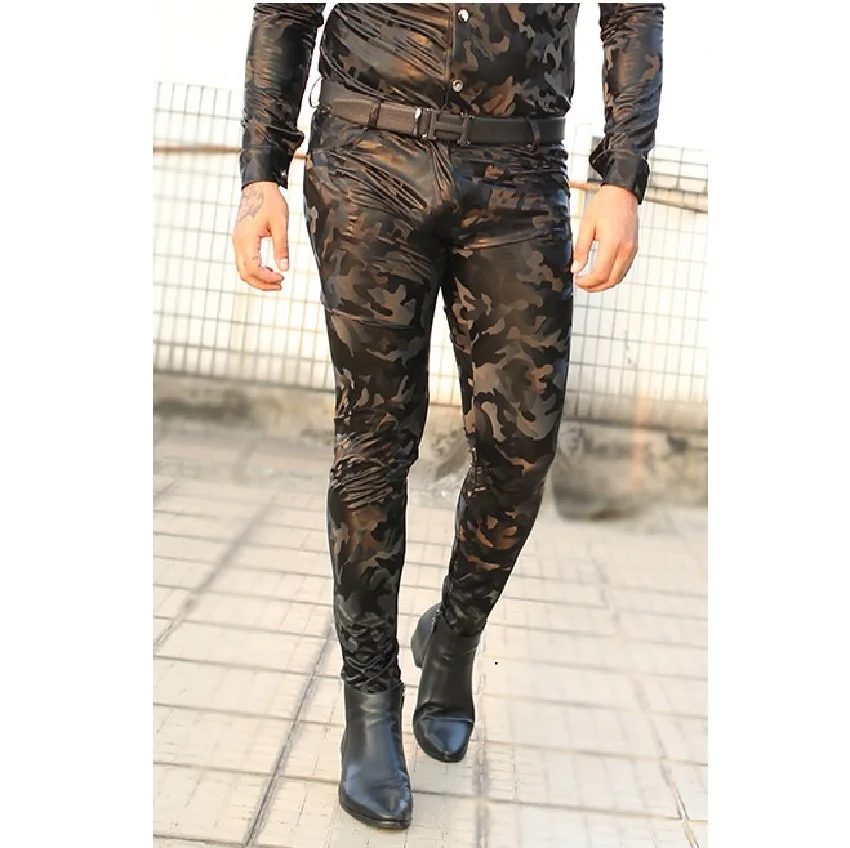 

Plus Size PU Faux Leather Slim Pencil Pants Mens Shooting Games Tight Trousers Jogger Camouflage High Elasticity Erotic Legging