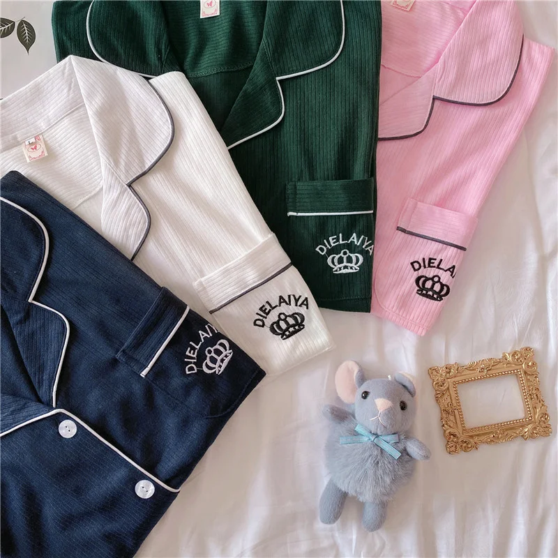 

2021 New Casual Women Pajamas Sets Winter Long Sleeve Shirt + Trousers Nightwear Simple Pure Color Cotton Set Tow Pieces